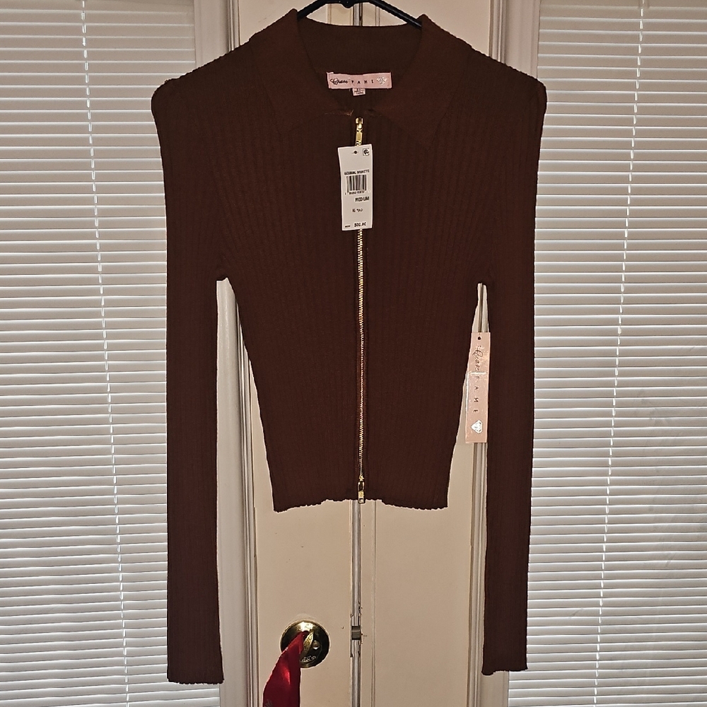 Crave Fame Brunette Ribbed Zip Polo